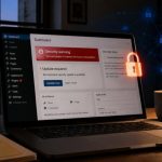 Portátil num escritório com alerta de segurança no painel de administração de um website