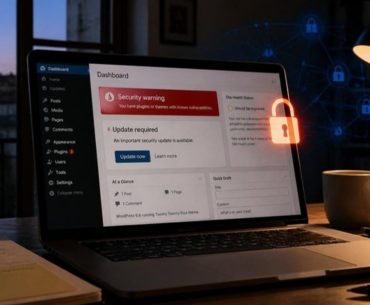 Portátil num escritório com alerta de segurança no painel de administração de um website